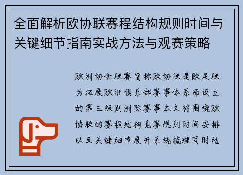 全面解析欧协联赛程结构规则时间与关键细节指南实战方法与观赛策略